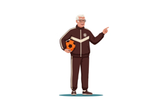 Elderly man in tracksuit holding soccer ball pointing finger Product Image 1