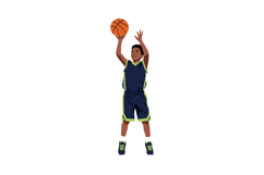 Young basketball player shooting ball in navy and green unif Product Image 1