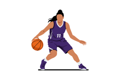 Female basketball player dribbling ball in purple uniform wi Product Image 1