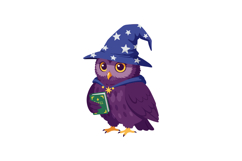 Purple owl wearing wizard hat with stars holding spell book Product Image 1