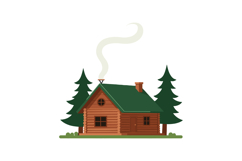 Wooden cabin with green roof and smoking chimney in forest v Product Image 1