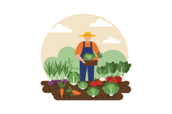 Farmer harvesting fresh vegetables in a colorful garden usin Product Image 1