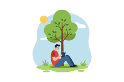 A young man reading a book under a green tree in a flat vect Product Image 1