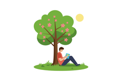 A young man reading a book under a flowering tree in a brigh Product Image 1