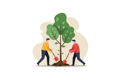 Two men planting a tree in a garden with shovels in a flat v Product Image 1