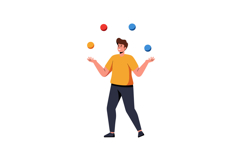 A young man joyfully juggling colorful balls in a flat style Product Image 1