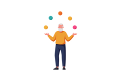 Elderly man juggling colorful balls in a playful, minimal st Product Image 1