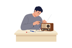 Man repairing a vintage radio on a wooden table in a flat ve Product Image 1