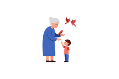 An elderly woman interacting with a young boy while feeding Product Image 1