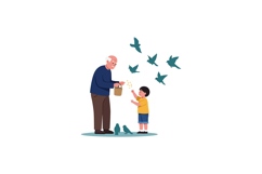 Elderly man feeding birds with a young boy in a playful flat Product Image 1