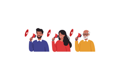 Three diverse individuals joyfully holding megaphones in a f Product Image 1