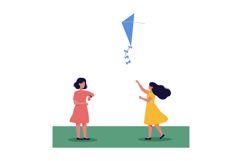 Two joyful girls flying a colorful kite in a green field, fl Product Image 1