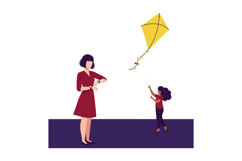 A woman checking her watch while a child joyfully flies a ye Product Image 1
