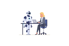 A businesswoman interacting with a friendly robot at a desk Product Image 1