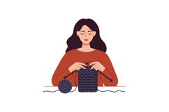 Woman knitting a cozy scarf with blue yarn in a minimal flat Product Image 1