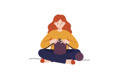 Woman sitting cross-legged knitting a colorful scarf in a fl Product Image 1
