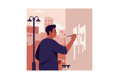 Man painting a mural on a city wall in a flat vector art sty Product Image 1