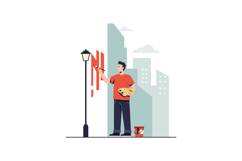 A young man painting a vibrant mural on a city wall in flat Product Image 1