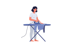 Woman ironing a striped shirt on an ironing board in a flat Product Image 1