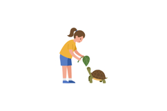 A young girl feeding a turtle with a green leaf in a flat ve Product Image 1