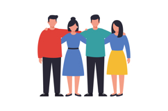 Four friends standing together in colorful outfits with a fl Product Image 1