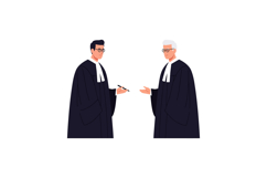 Two lawyers in formal attire discussing case details in a fl Product Image 1