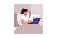 Woman working on a laptop in bed, casual attire, minimal sty Product Image 1