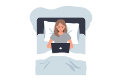 Woman working on a laptop in a cozy bedroom, flat vector ill Product Image 1