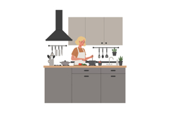 Woman cooking in a modern kitchen with plants in a flat vect Product Image 1