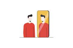 A man in a red sweater gazing at his reflection in a minimal Product Image 1