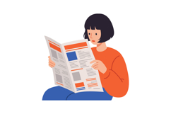 A young woman reading a newspaper in a cozy setting with a f Product Image 1