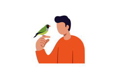 A man gently holding a green bird on his finger in a flat ve Product Image 1