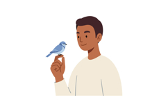 A young man smiling while holding a bluebird on his finger i Product Image 1