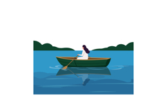 A woman rowing a green boat on calm blue water in minimal ve Product Image 1