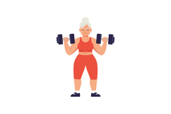 Fit elderly woman lifting dumbbells in vibrant workout attir Product Image 1