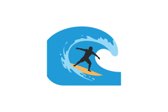 Surfer riding a vibrant blue wave in a flat vector illustrat Product Image 1