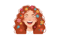 Happy young woman with curly red hair adorned with colorful Product Image 1