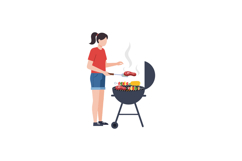 A young woman grilling colorful vegetables and meats at a ba Product Image 1
