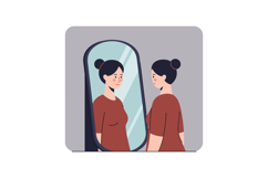 Woman admiring her reflection in a full-length mirror in a m Product Image 1