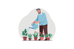 A man watering indoor plants in pots with a watering can in Product Image 1