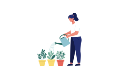 Woman watering green plants in colorful pots with a flat min Product Image 1