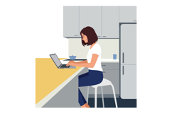 A woman working on a laptop in a modern kitchen, minimal des Product Image 1