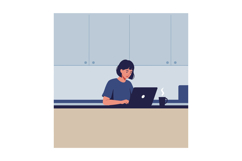 Woman working on a laptop in a minimal kitchen setting with Product Image 1