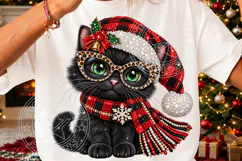 Rhinestone Black Cat Christmas Glam Santa Hat & Scarf Design Product Image 3
