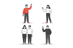 Four diverse characters waving in a flat design style, showc Product Image 1