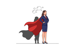 Confident businesswoman in a blue suit with a red cape stand Product Image 1