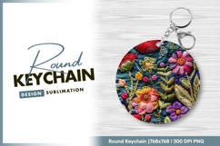 Colorful Embroidered Floral Design round keychain png Product Image 1
