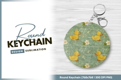 Yellow Ducklings and Flowers on a Green Round Keychain Product Image 1