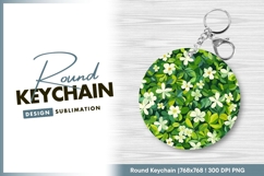 White flowers and green leaves pattern round keychain Product Image 1