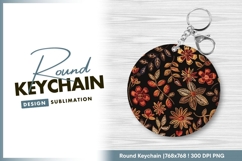 Embroidered flowers and leaves on black round keychain png Product Image 1